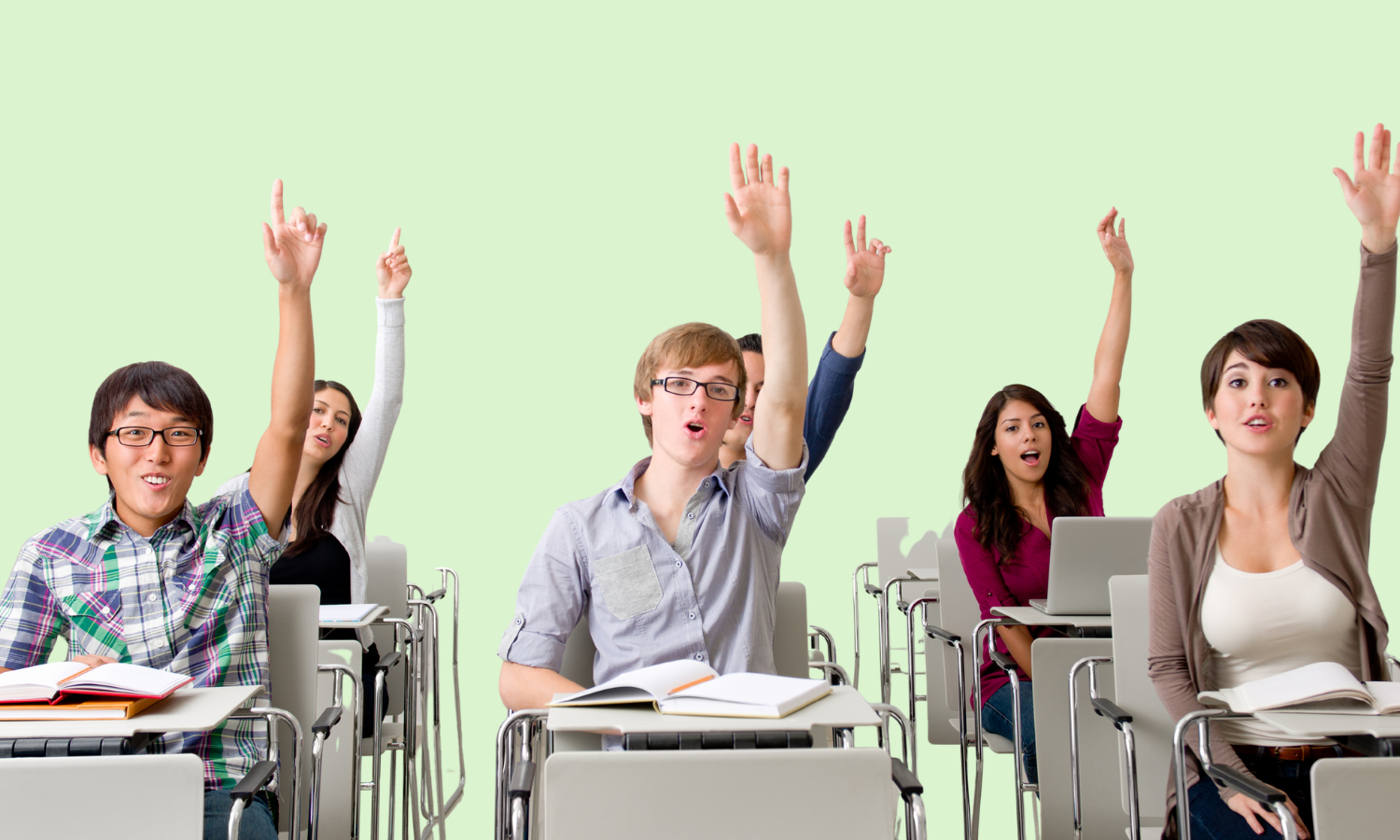 children raising hands at school against green background